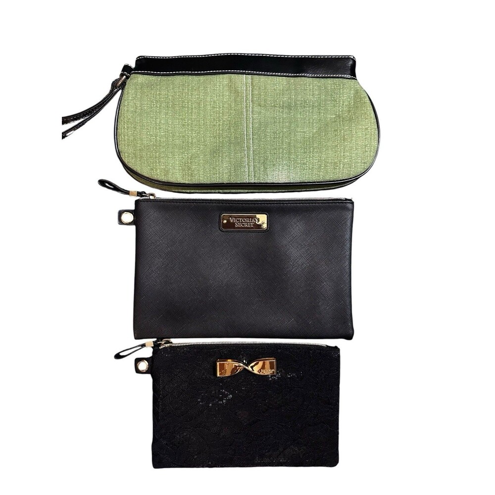 Lot Of 3 Victorias Secret Clutch Wristlet/Pouch Sage Green Linen Black